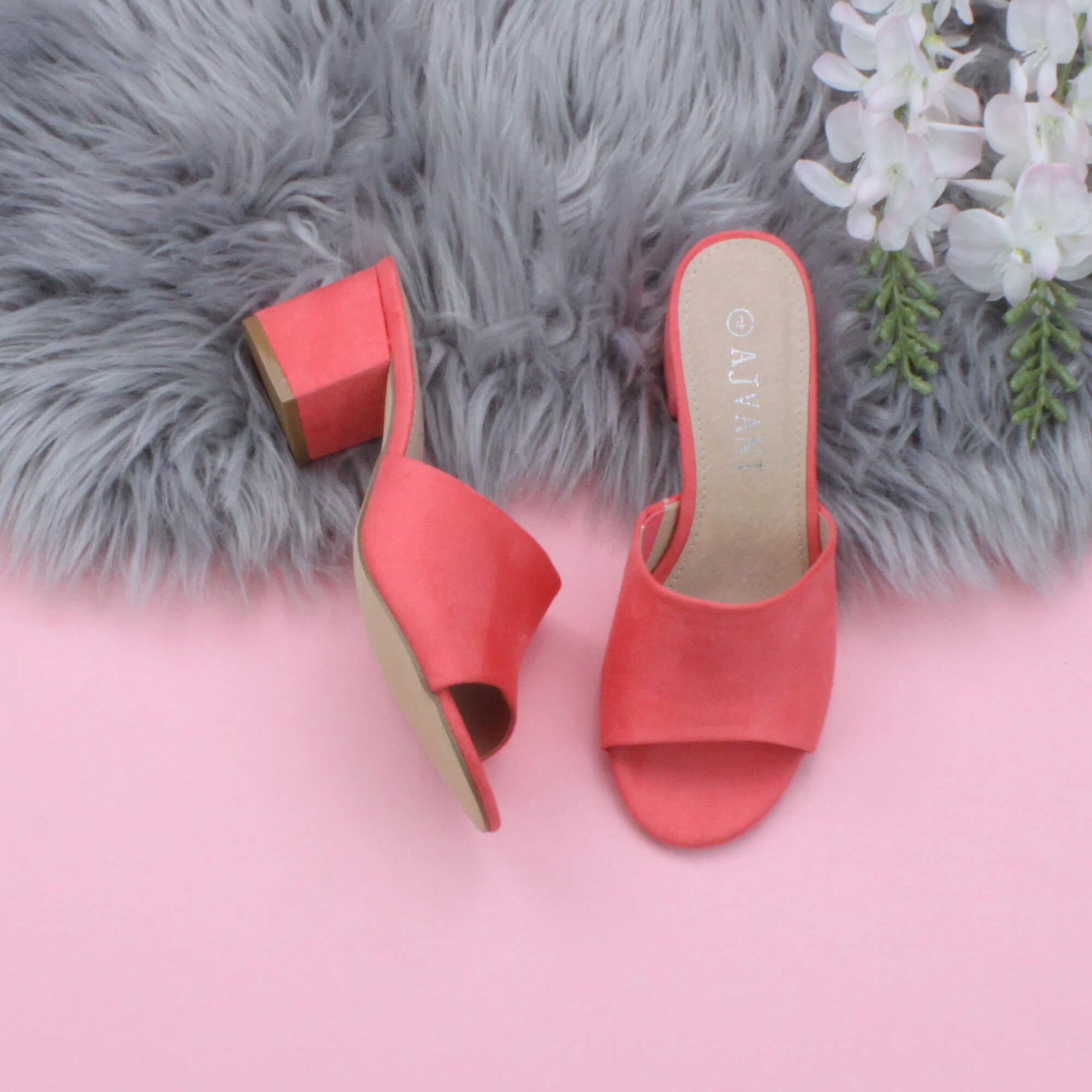 Coral AJVANI Coral Mid Block Heel Peep Toe Mules Sandals, Image 4 of 6