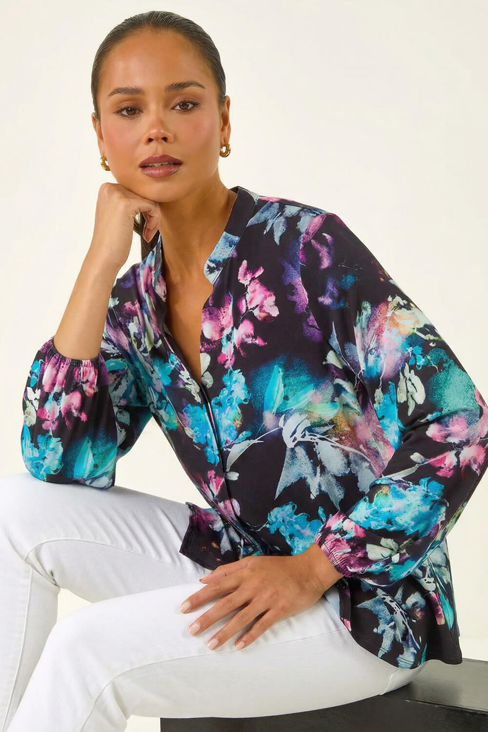 Roman Petite Women's Navy Floral Button Up Blouse Size 16