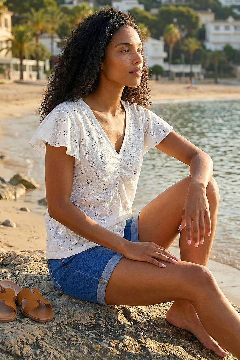 Ivory Broderie Ruched Front Stretch Top | Roman UK