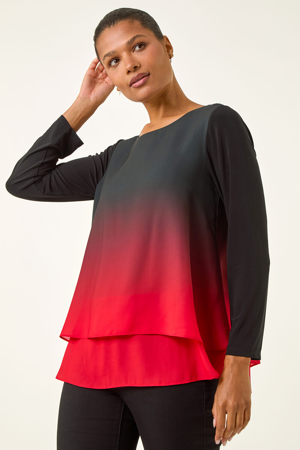 Roman Women's Red Ombre Chiffon Overlay Top Size 14