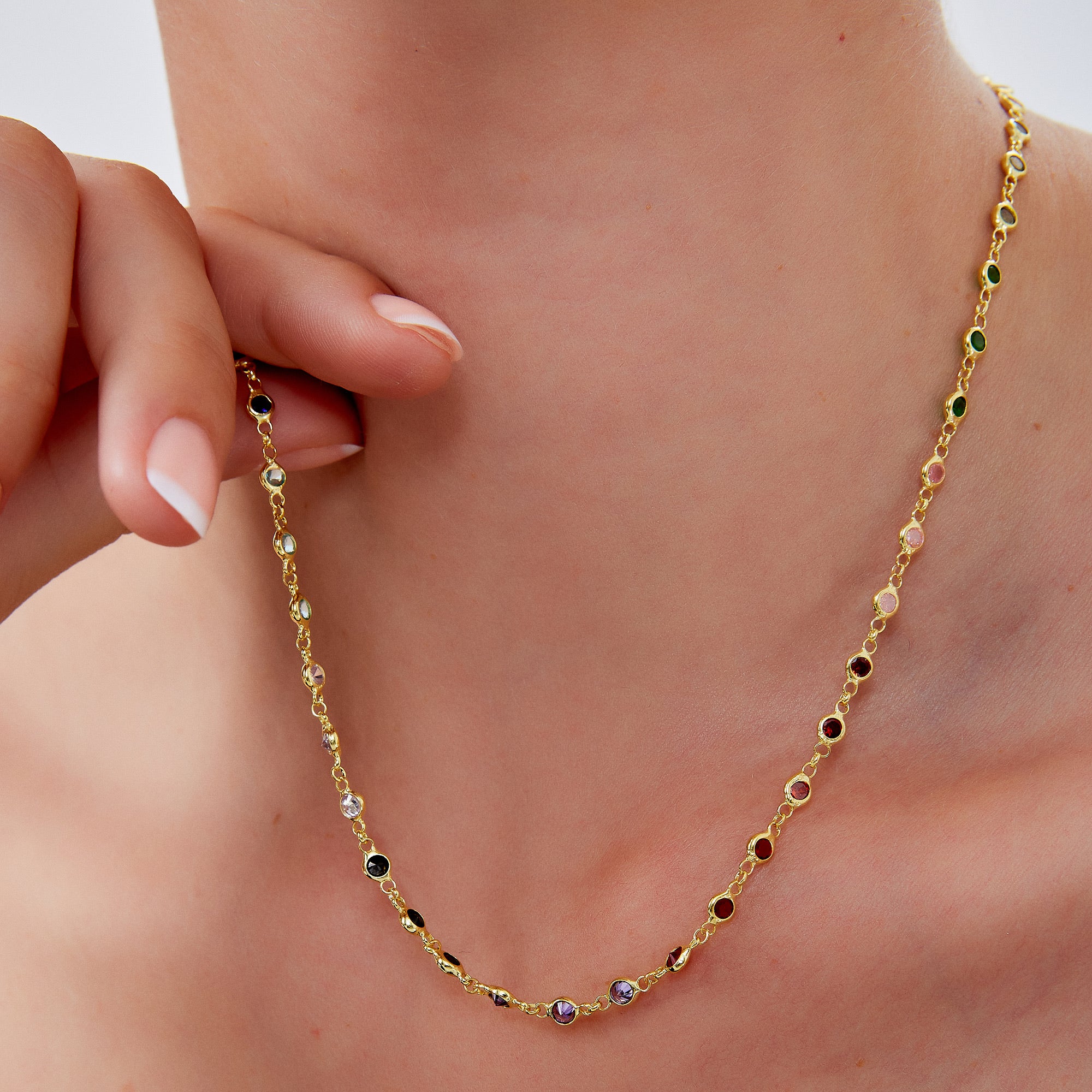 Gold Colourful Rainbow Jewelled Sterling Silver Chain Necklace, Image 3 of 5
