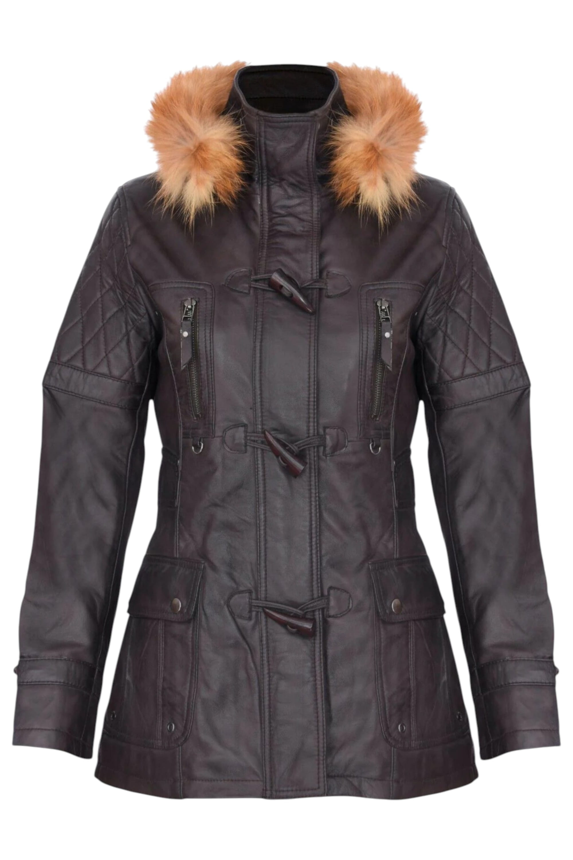 Brown Lamb Leather Parka Fur Hood Jacket, Image 2 of 6