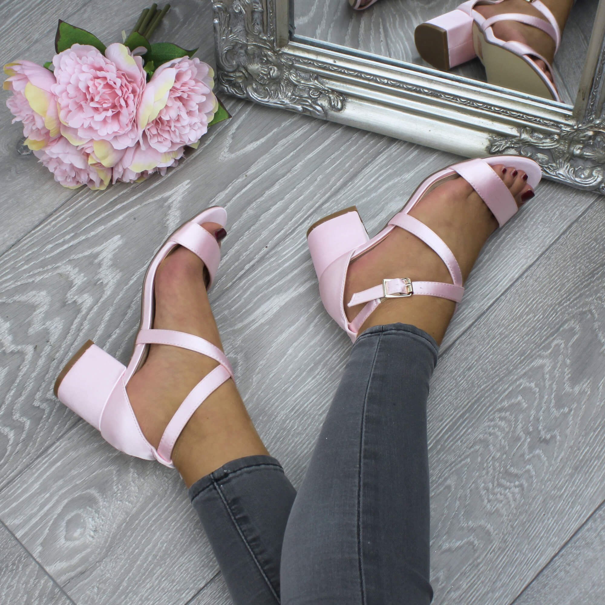 Light Pink AJVANI Light Pink Mid Block Heel Crossed Straps Sandals, Image 5 of 6