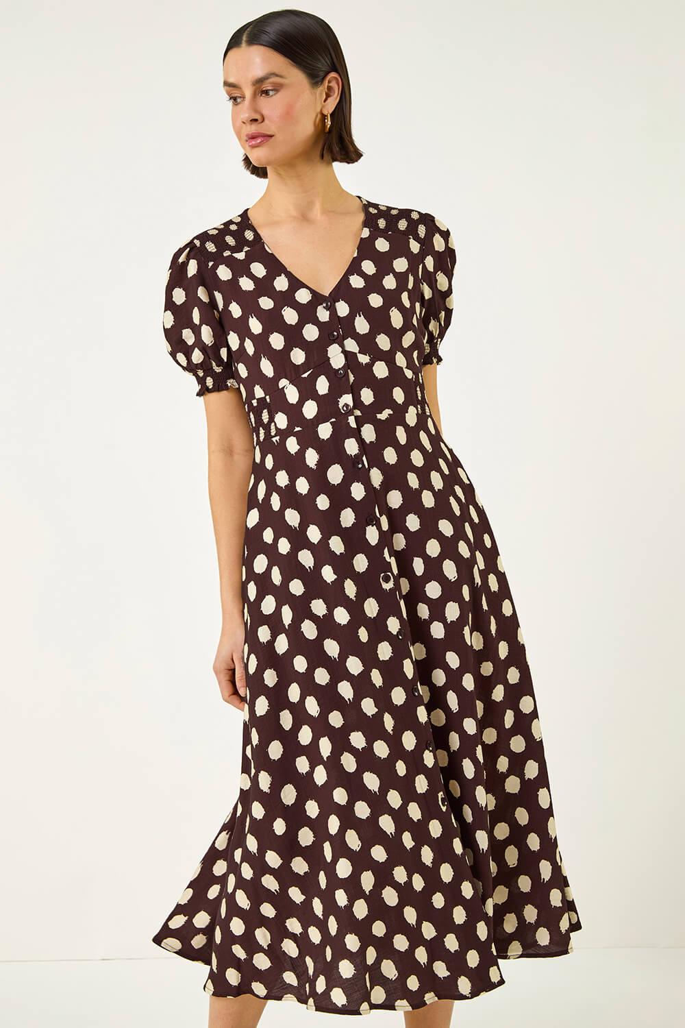 Chocolate Spot Print Button Midi Dress, Image 5 of 5