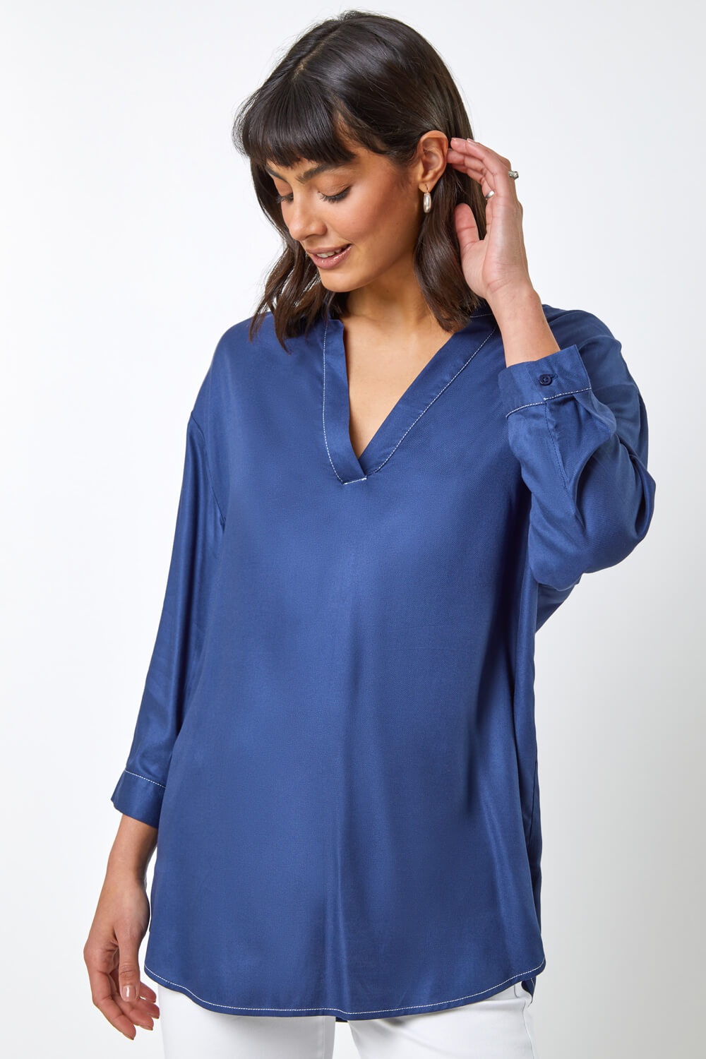 Denim Relaxed Notch Neck Shirt, Image 1 of 5