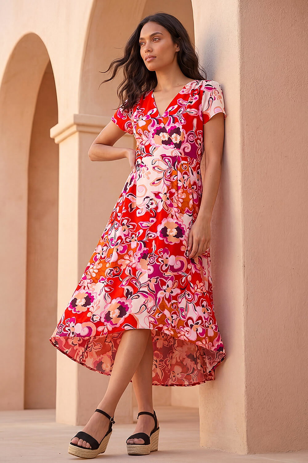 Red Abstract Print Belted Midi Dress, Image 3 of 4