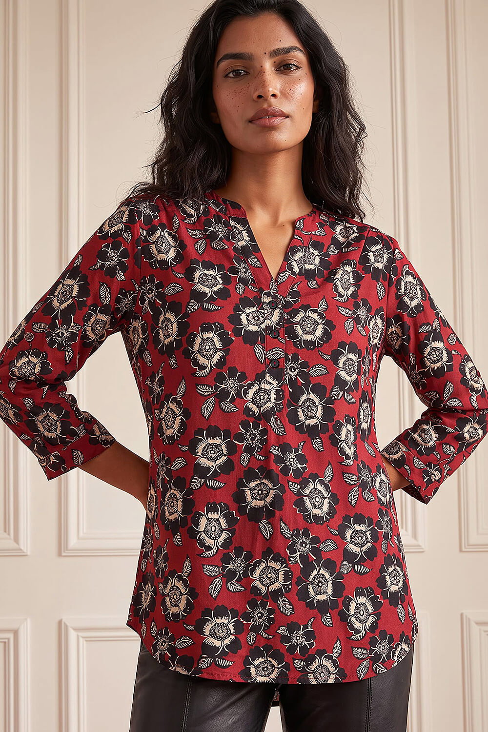 Roman Women's Rust Floral Puff Print Stretch Shirt Size 20