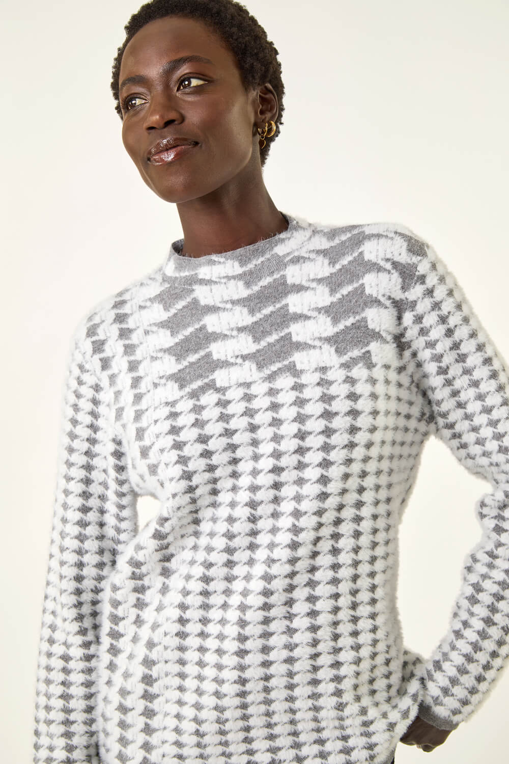 Grey Intarsia High Neck Knit Jumper, Image 6 of 5