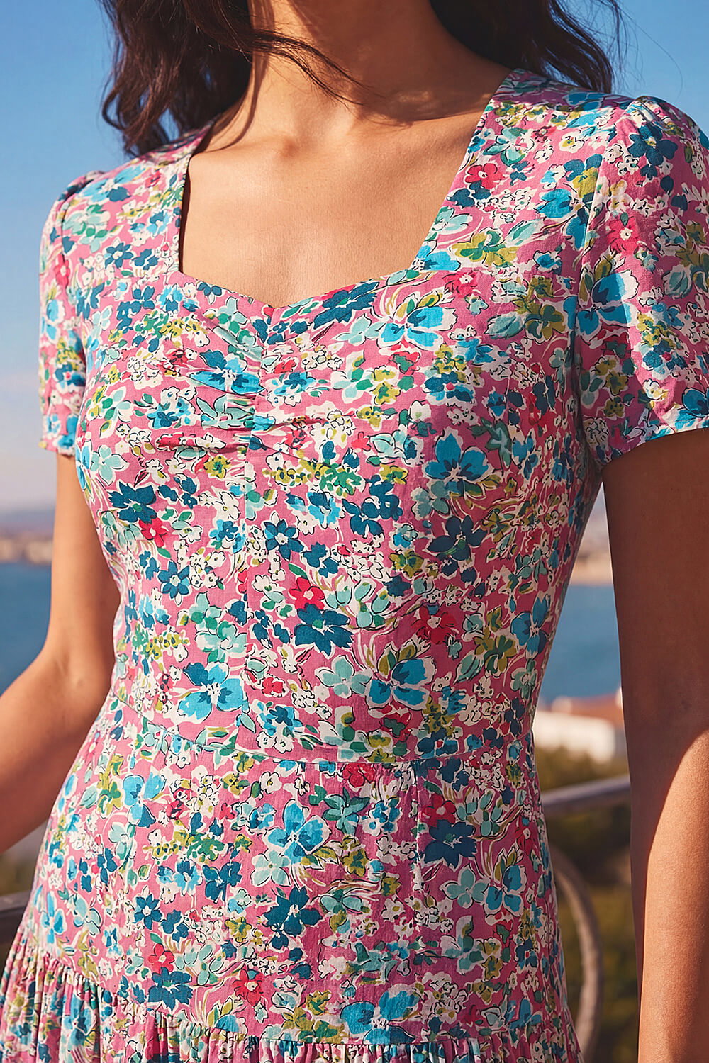 Pink Floral Ruched Midi Dress, Image 5 of 4