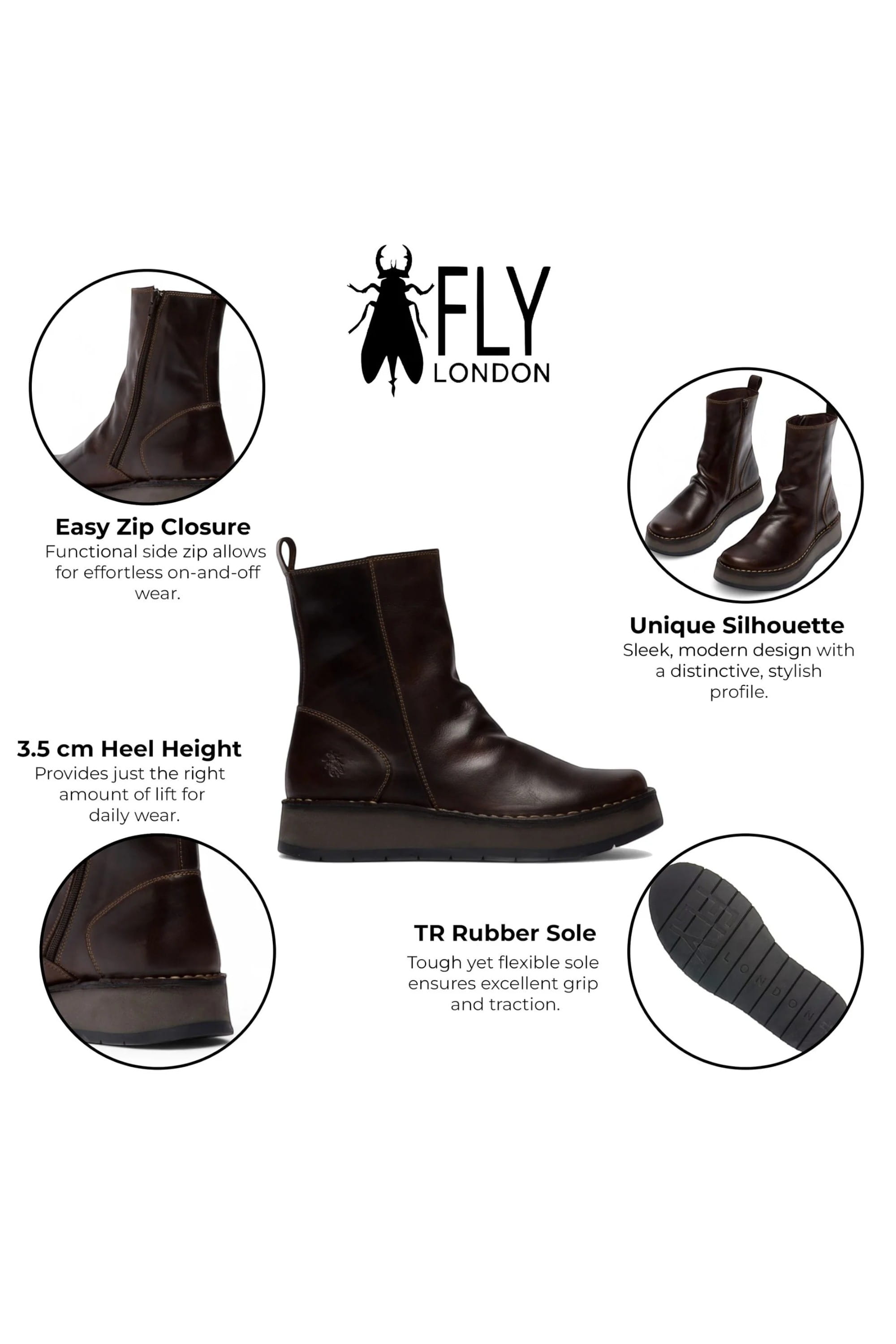 Brown Womens Zip Up Ankle Boots - RENO053FLY, Image 3 of 5