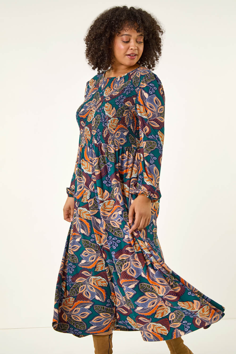 Teal Curve Floral Print Shirred Midi Dress, Image 6 of 7