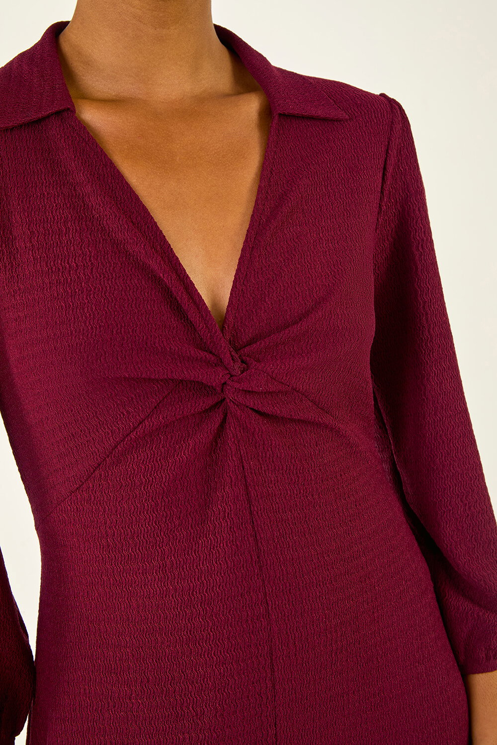 Wine Textured Collared Twist Front Dress, Image 6 of 5
