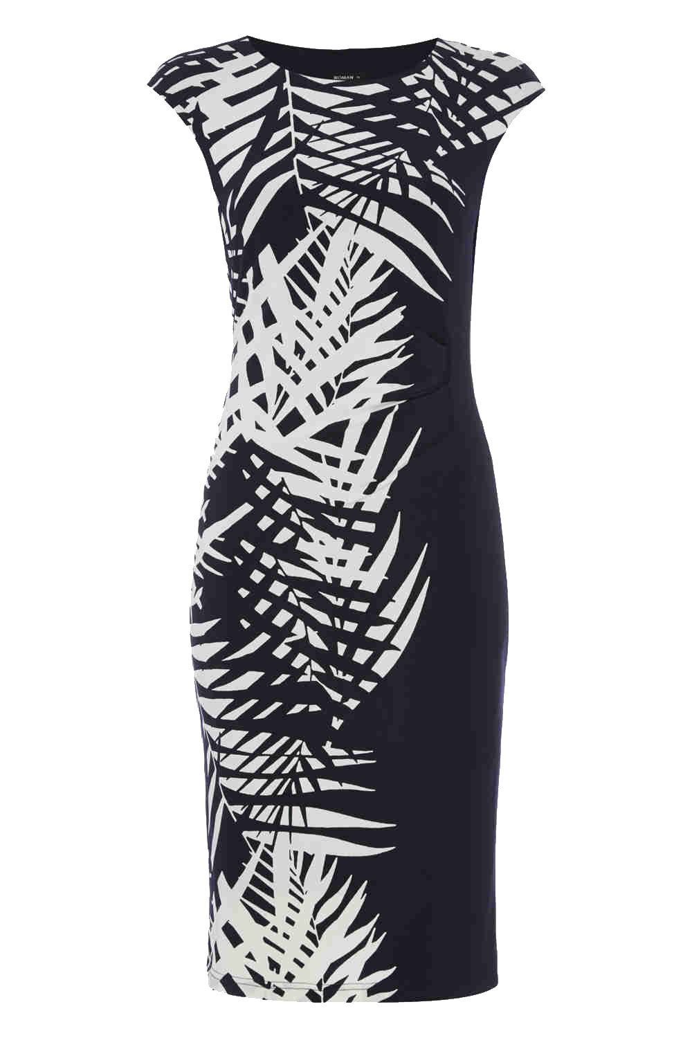 Navy Leaf Print Border Jersey Stretch Dress, Image 5 of 4