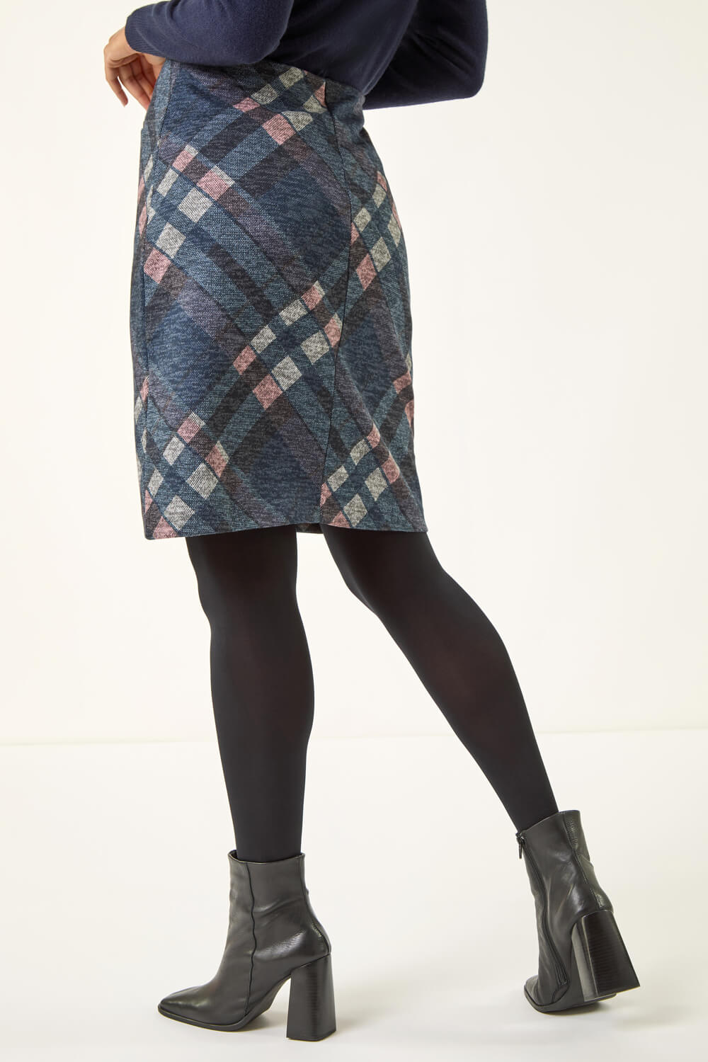 Navy Check Print Brushed Skirt, Image 5 of 5