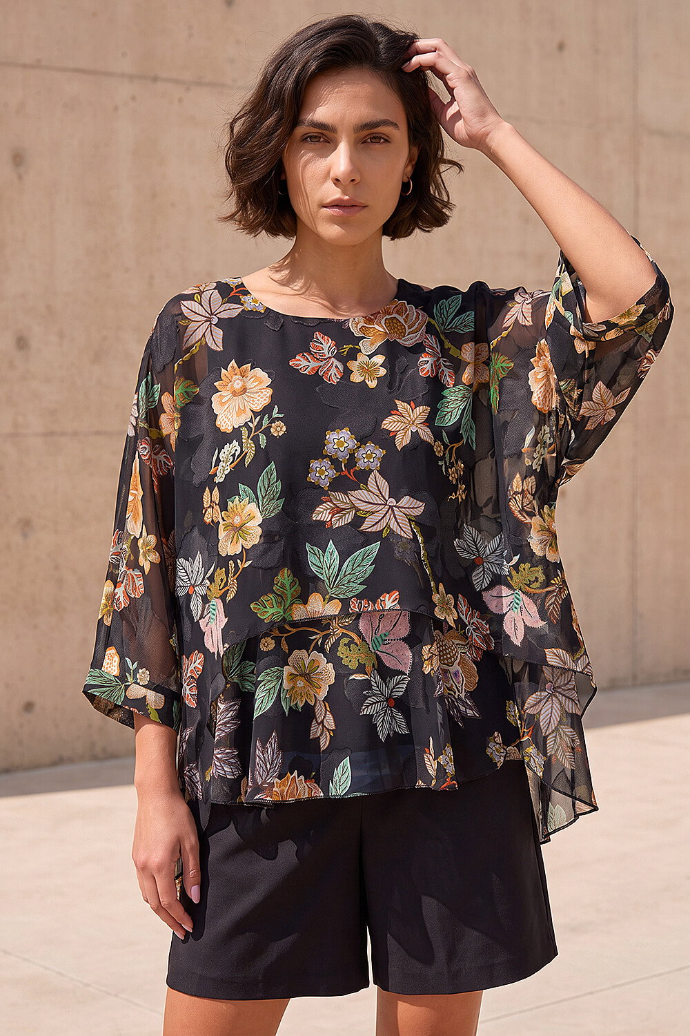 Roman Women's Black Floral Print Overlay Top Size 12