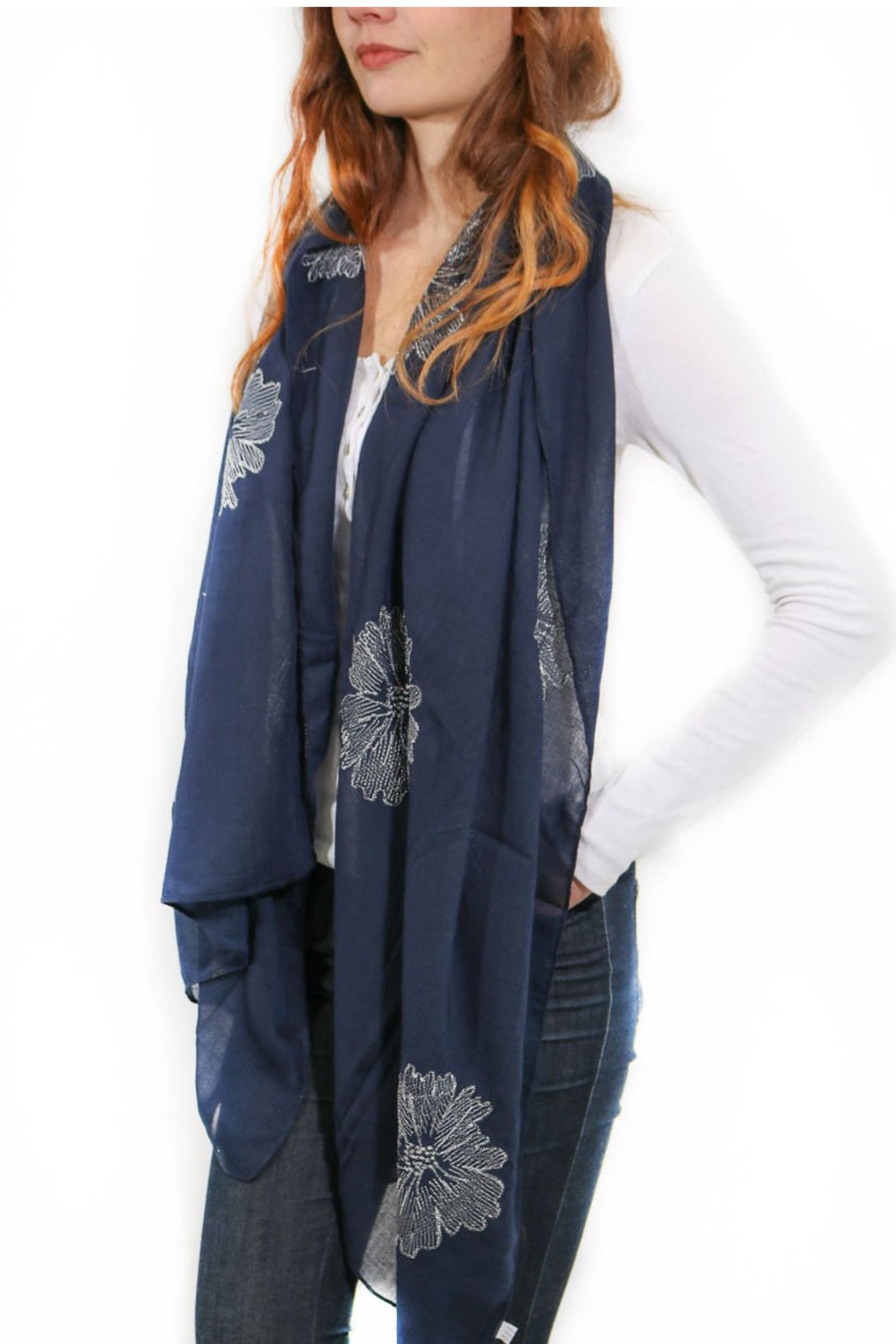 Navy Blue Embroidered Floral Lightweight Scarf, Image 1 of 3