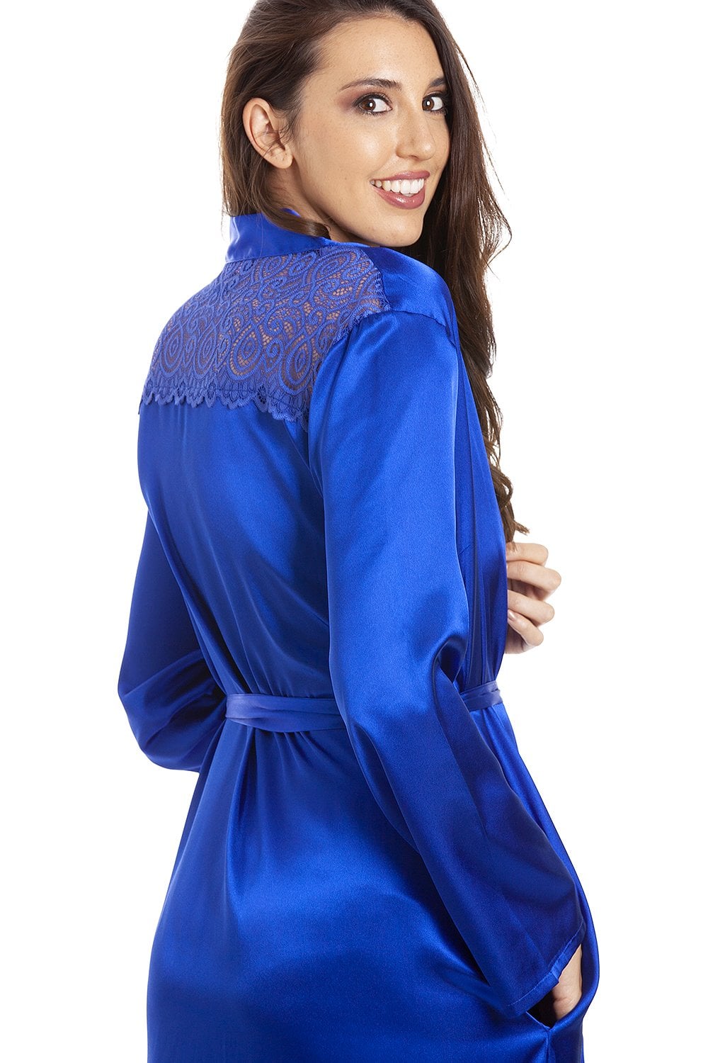 Blue Camille Lingerie Blue Full Length Long Sleeve Plain Satin Wrap, Image 5 of 5