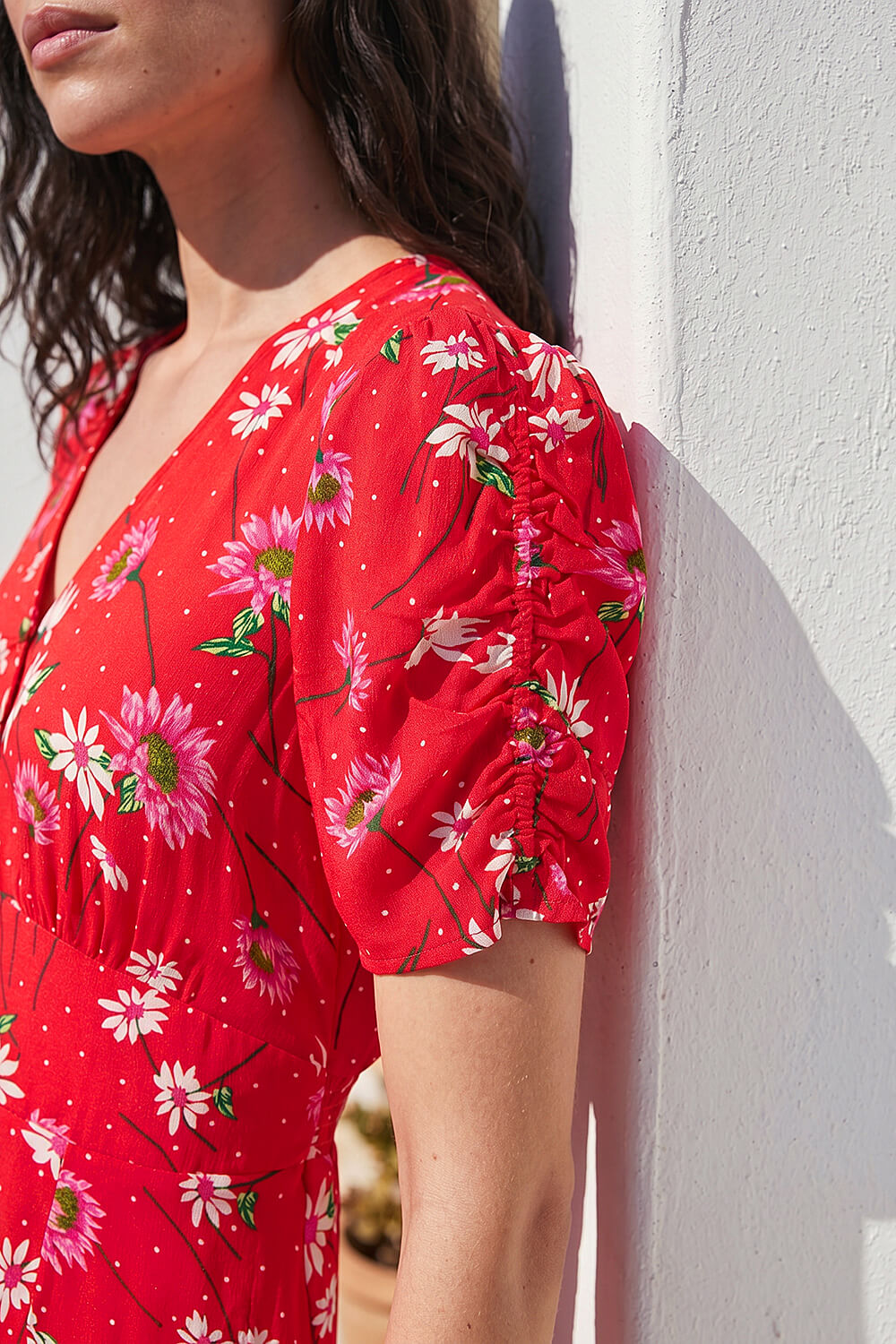 Red Floral Ruched Sleeve Dress, Image 5 of 4