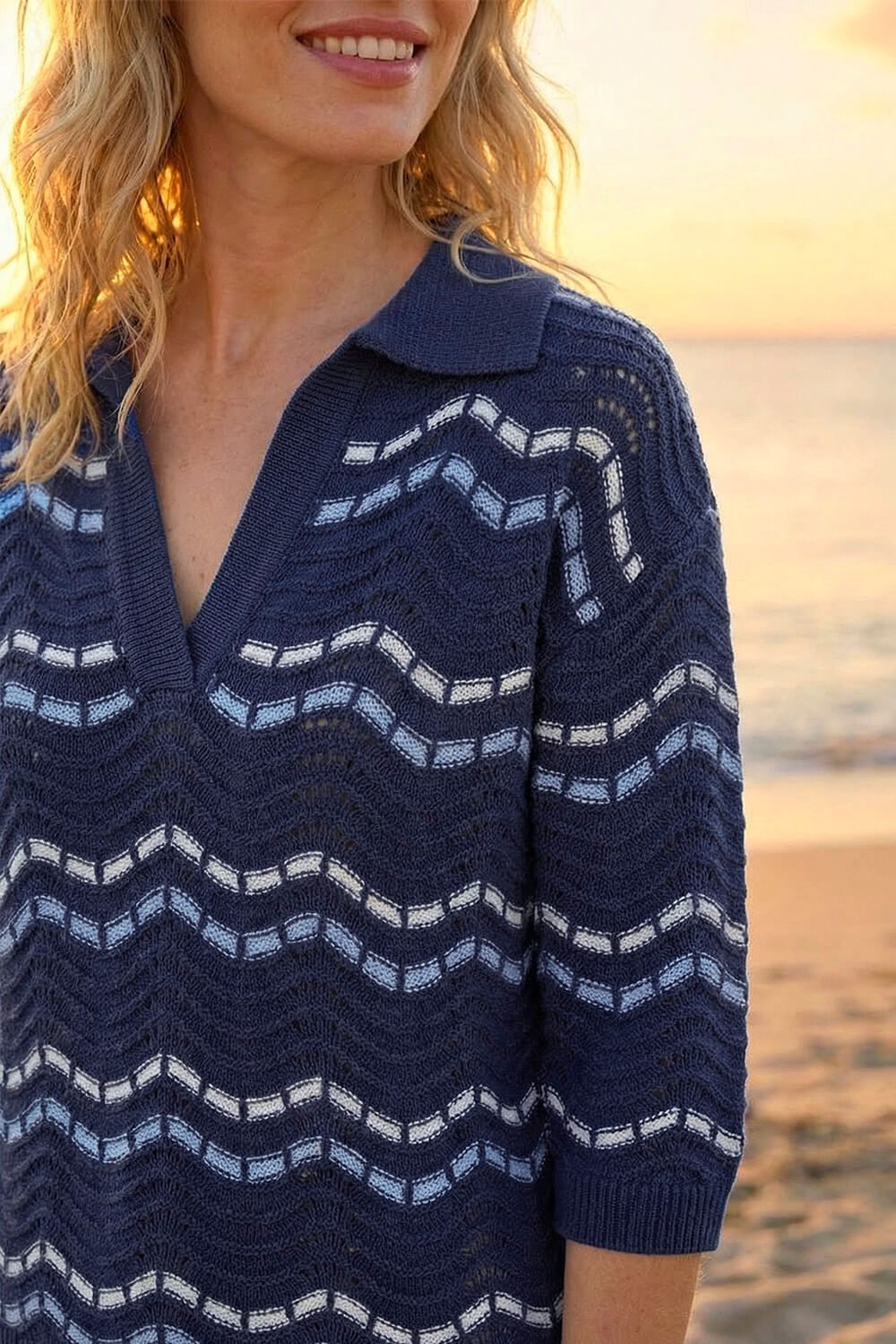 Stripe Wave Knit Polo Top, Image 5 of 4