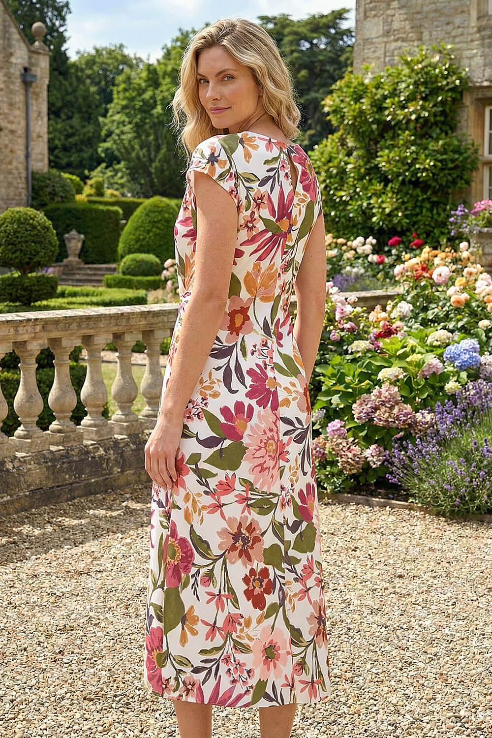 Ivory Floral Print Wrap Twist Midi Dress, Image 4 of 4
