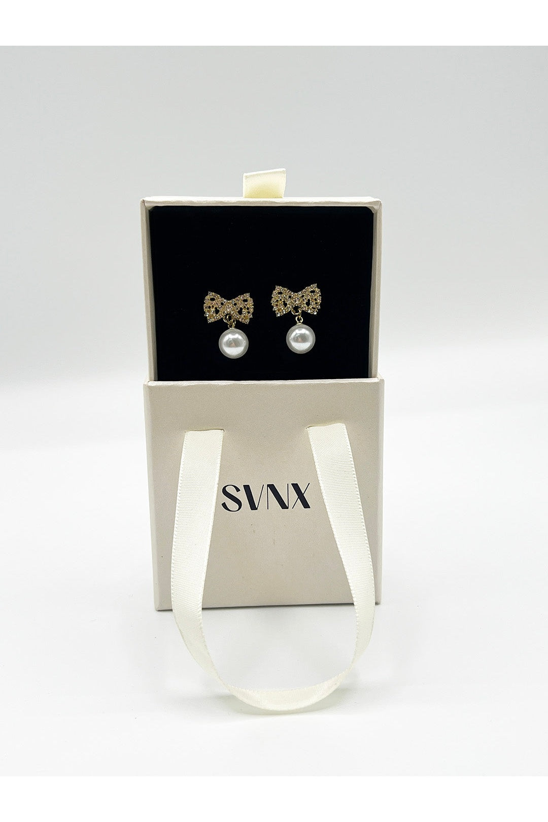 Gold Diamante Bow Pearl Drop Earrings - Gift Boxed, Image 2 of 5