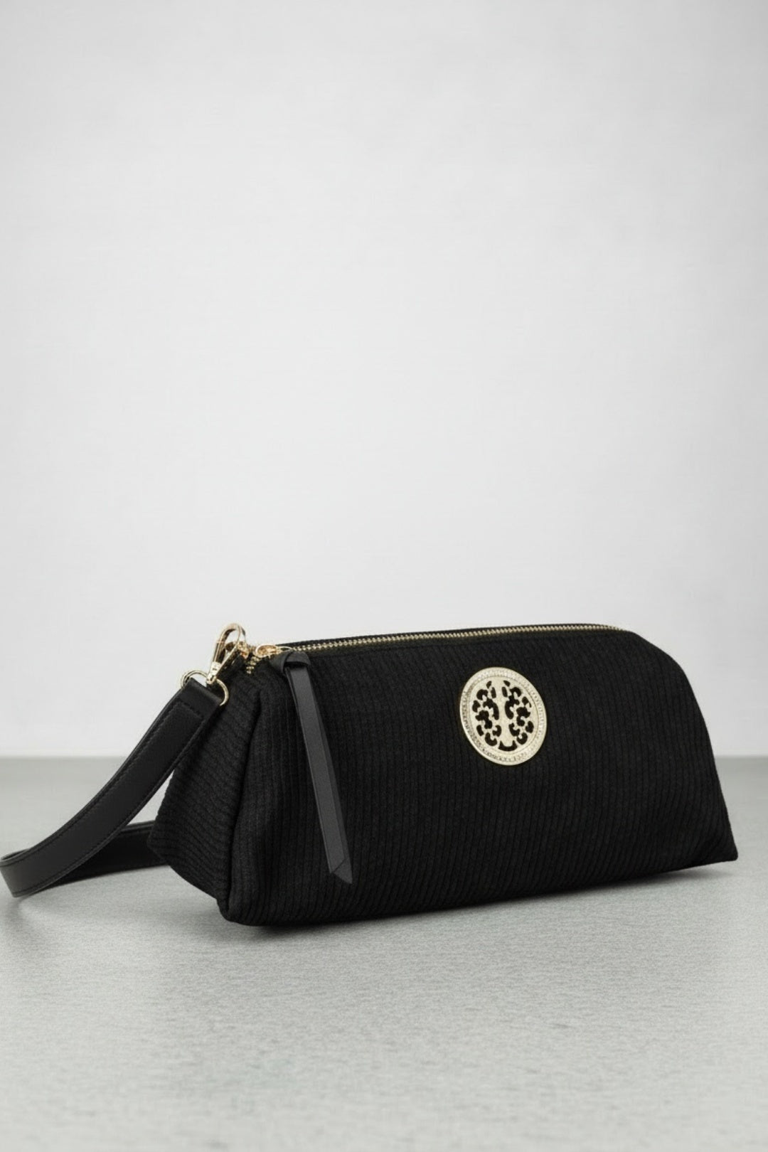 Black Crossbody Baguette Bag With Gold Detail