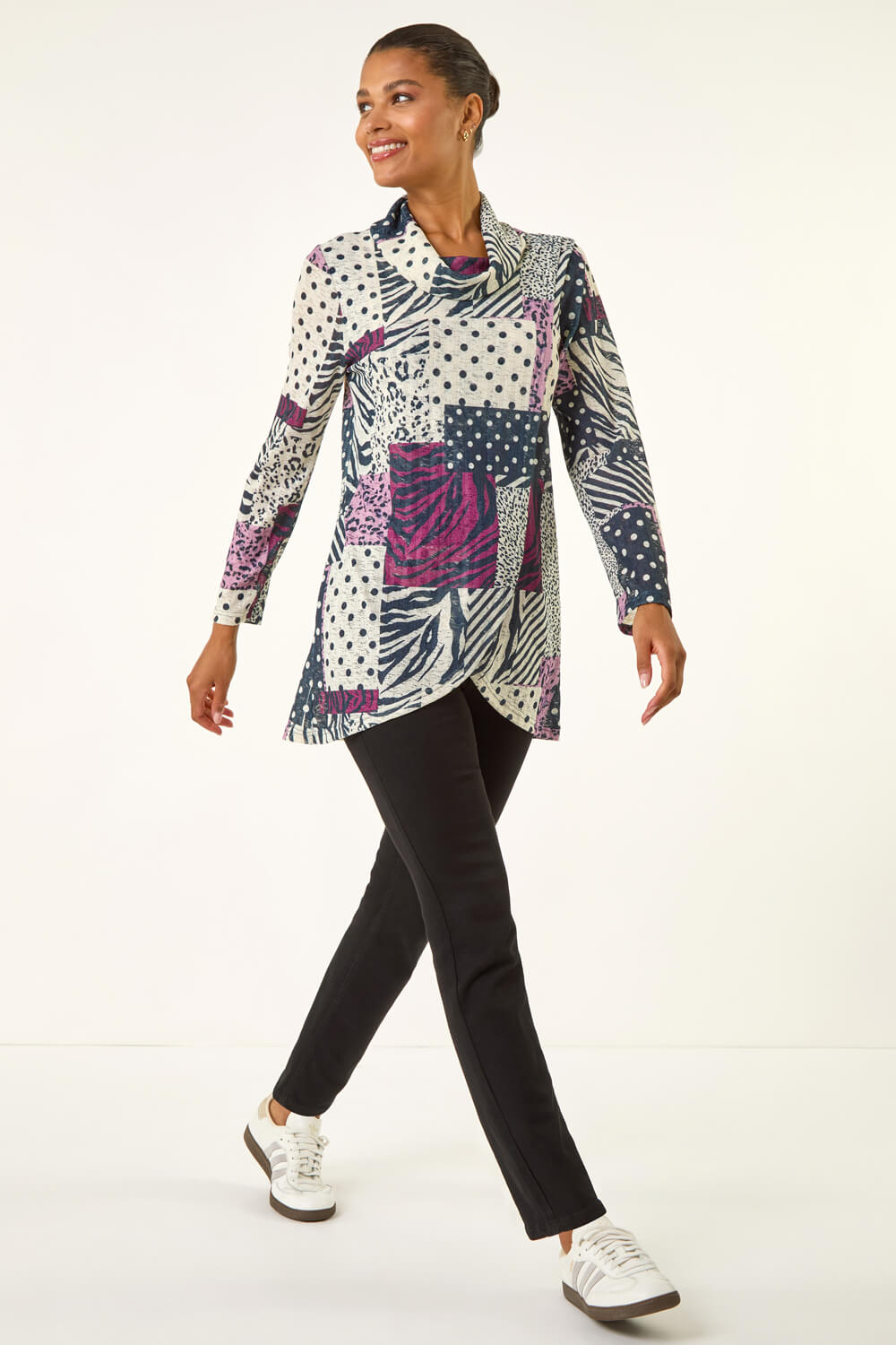 Burgundy Patchwork Print Cowl Neck Top, Image 3 of 5