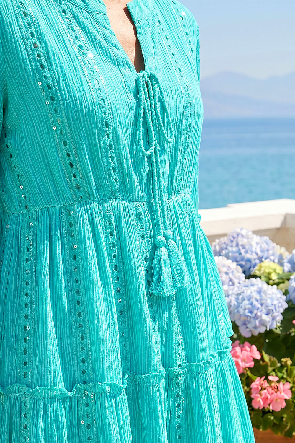 Turquoise Sequin Shimmer Tie Detail Smock Dress, Image 5 of 4