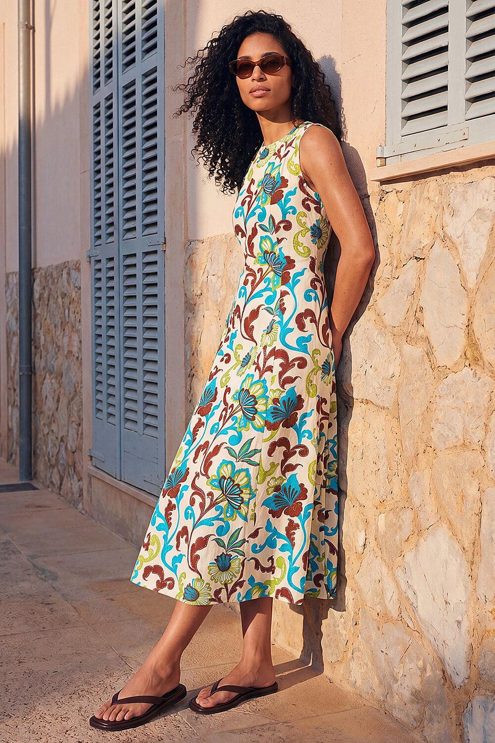 Turquoise Floral Pleated A-Line Midi Dress, Image 3 of 4