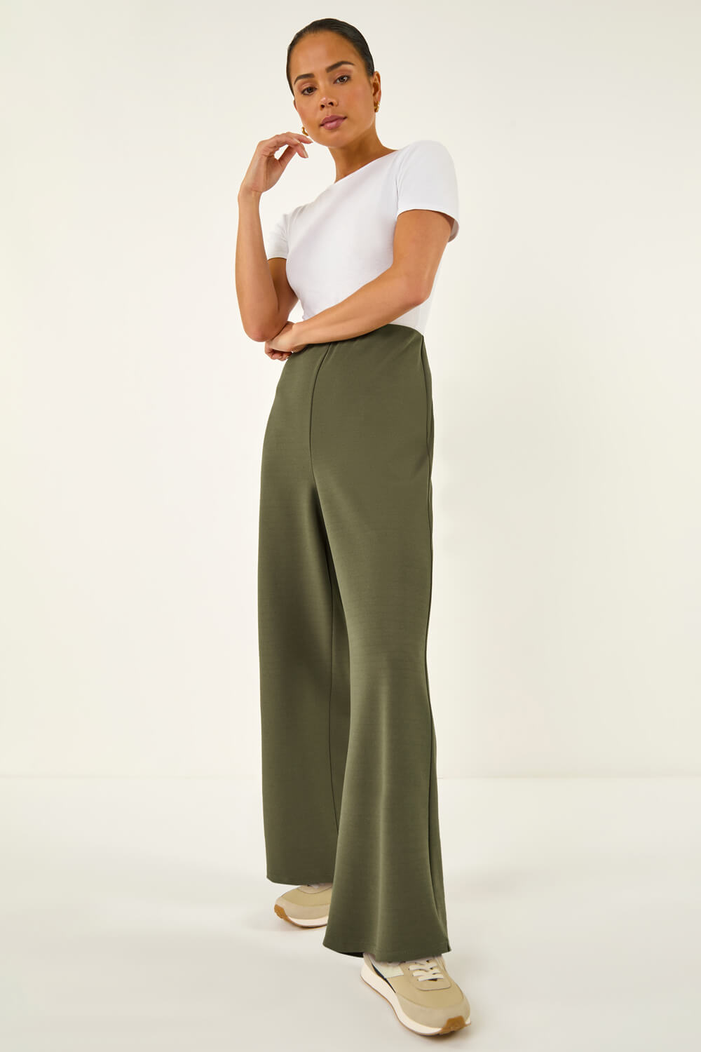 KHAKI Petite Wide Leg Crepe Stretch Trouser, Image 3 of 5
