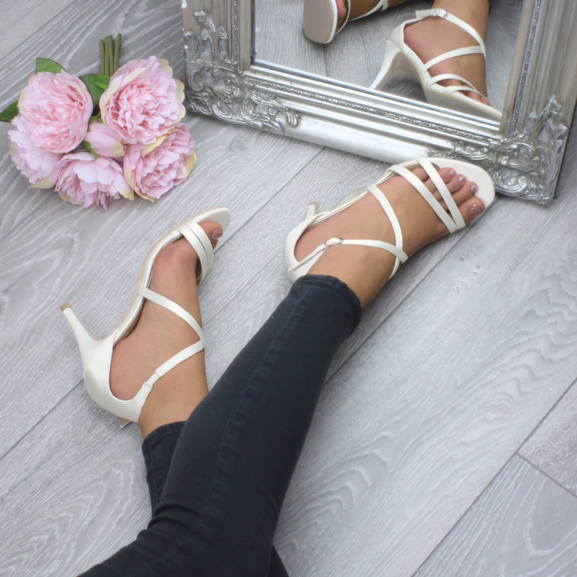 Ivory AJVANI Ivory Mid Heel Crossed Straps Wedding Bridal Sandals, Image 5 of 6