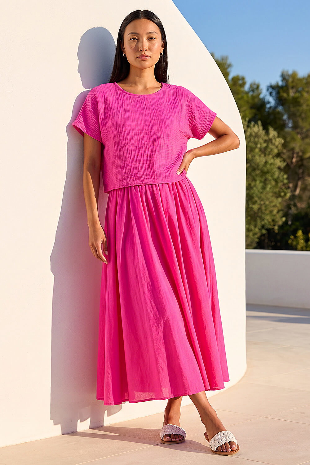 Fuchsia Cotton Top Overlay Midi Dress, Image 3 of 4