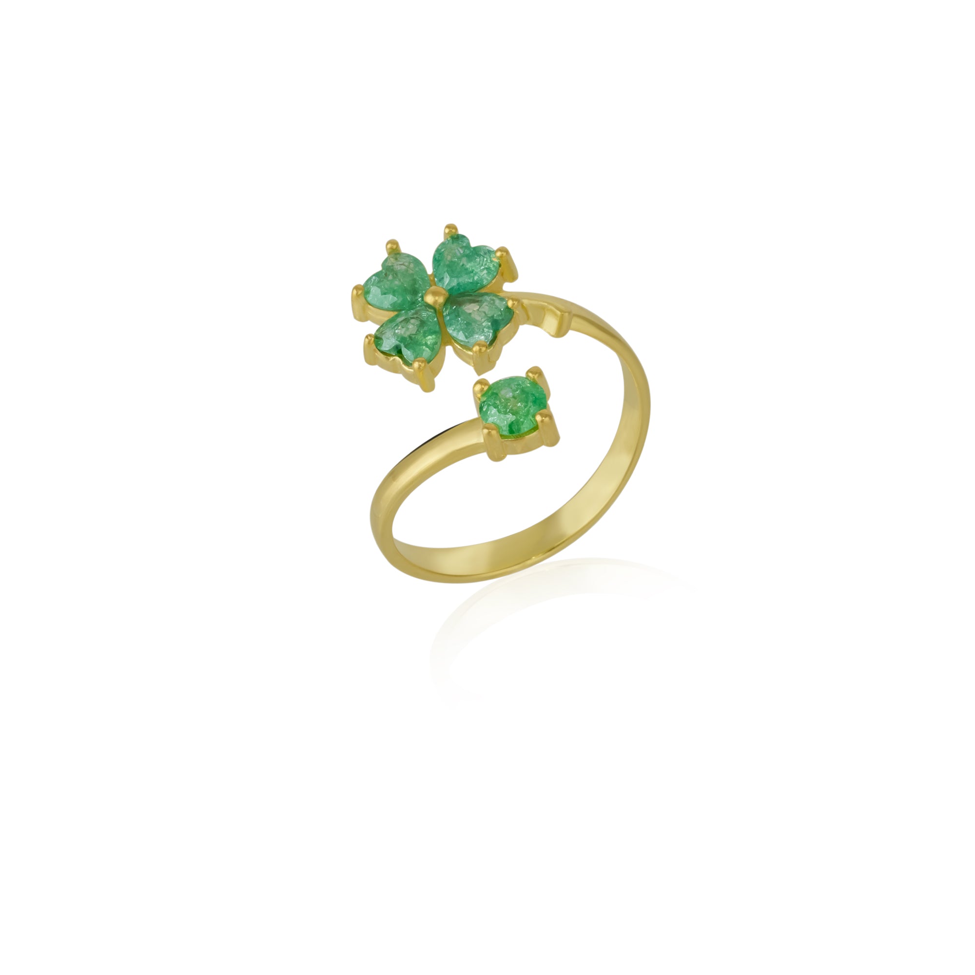 Gold Green Four Leaves Clover Luck Ring Sterling Silver, Image 1 of 3