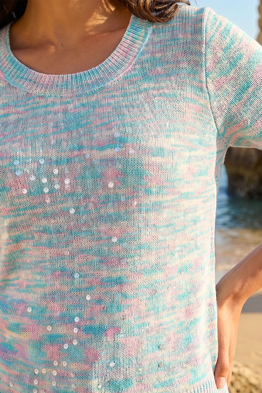 Light Blue Sequin Knitted Top, Image 5 of 4