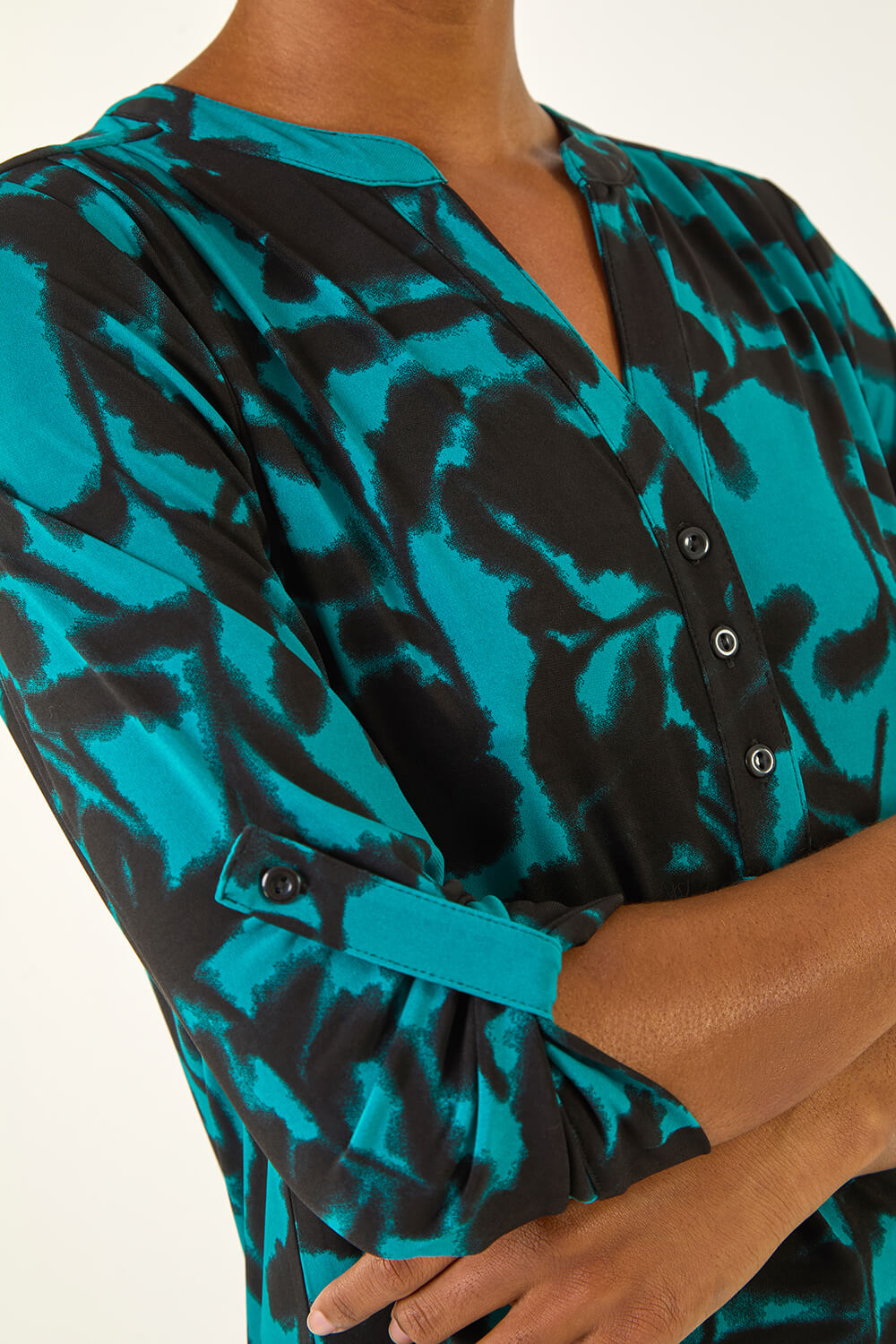 Teal Floral Print V-Neck Stretch Top, Image 6 of 5