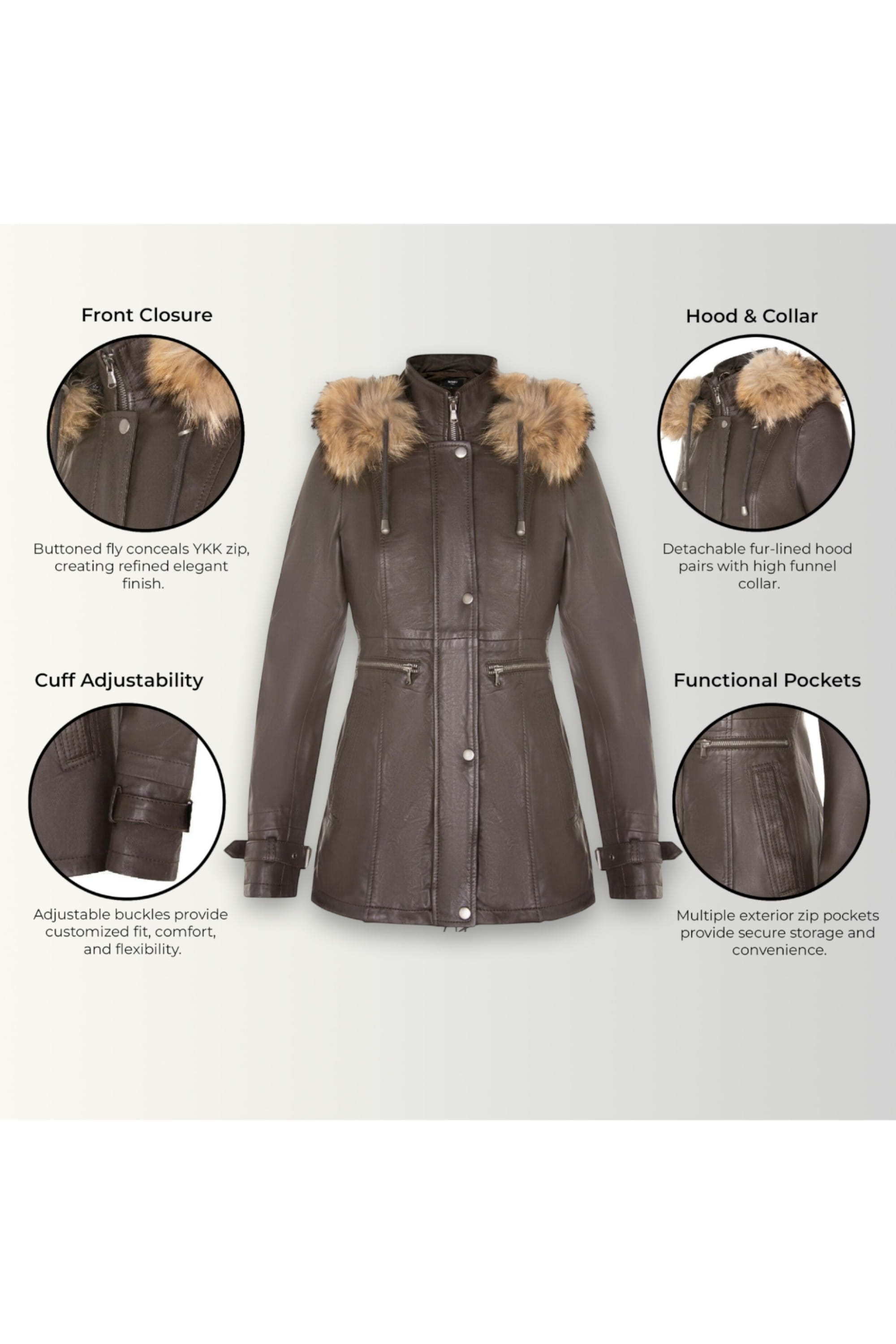Brown Leather Hooded Parka Jacket-Putian, Image 3 of 5