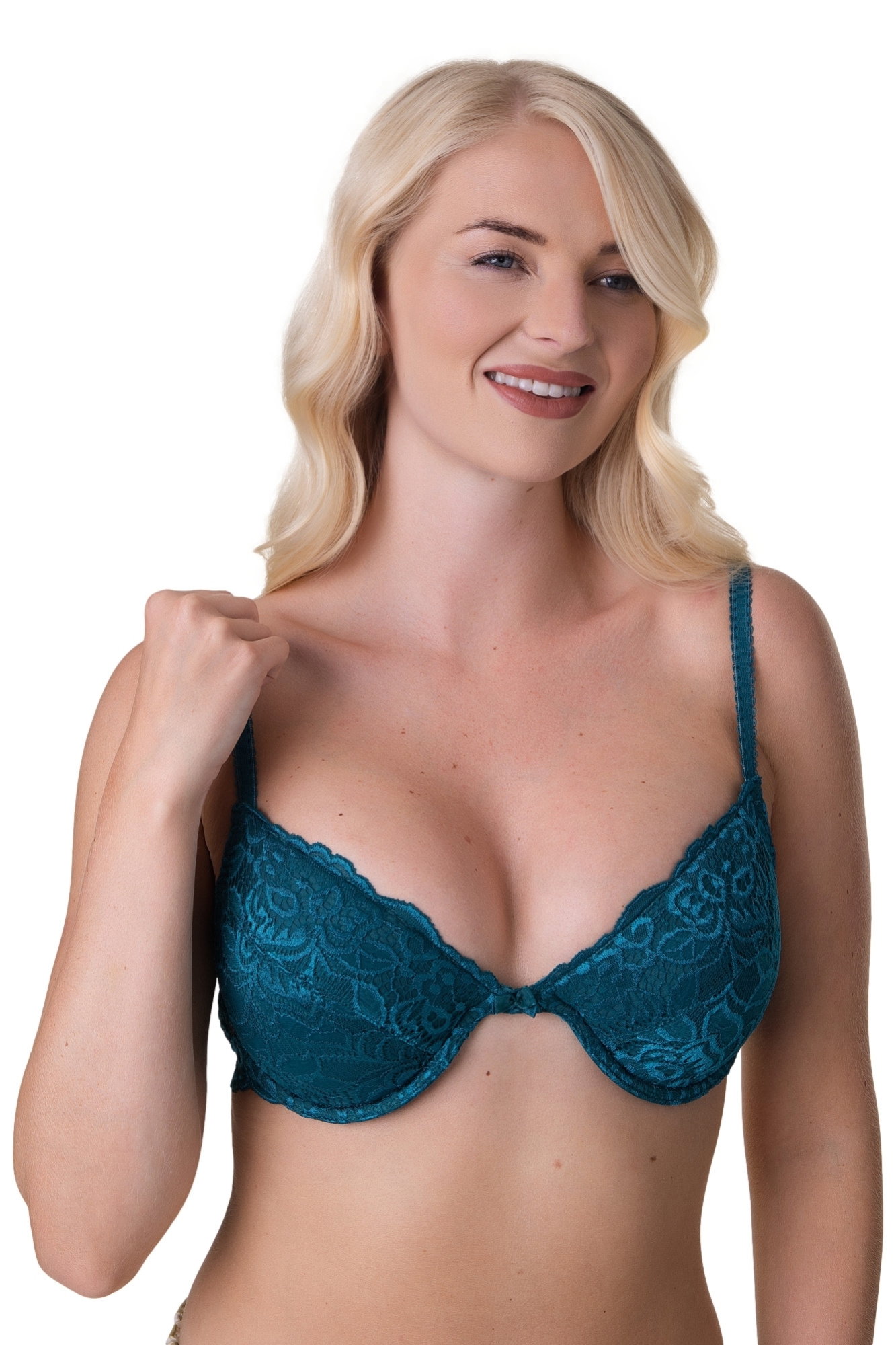 Teal Floral Lace Padded Underwired Bra, Image 4 of 5