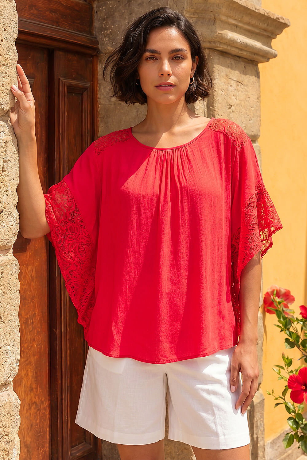 Coral Gathered Lace Insert Sleeve Top, Image 1 of 4