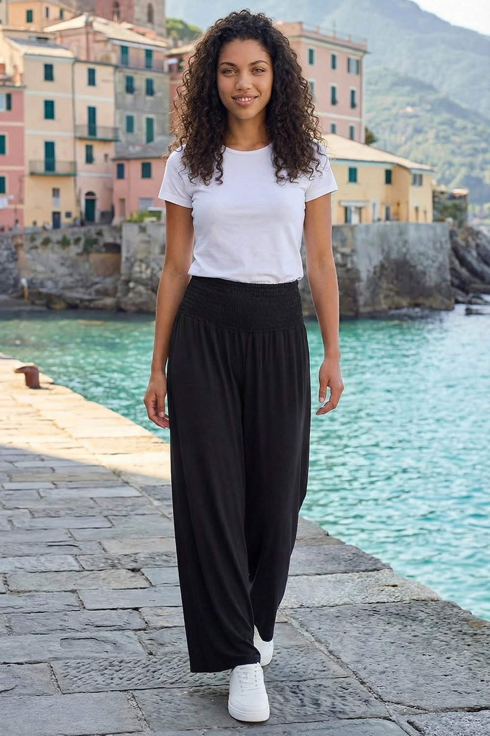 Black Petite Shirred Straight Leg Stretch Trouser, Image 1 of 4