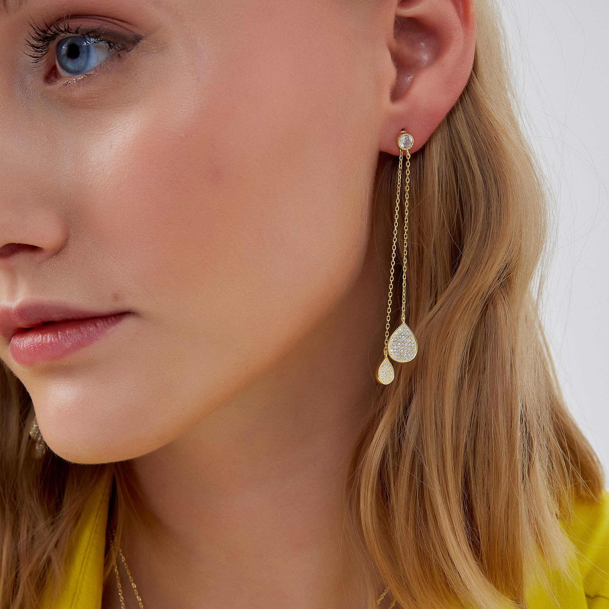 Gold Raindrop Sterling Silver Chain Drop Earring, Image 2 of 5
