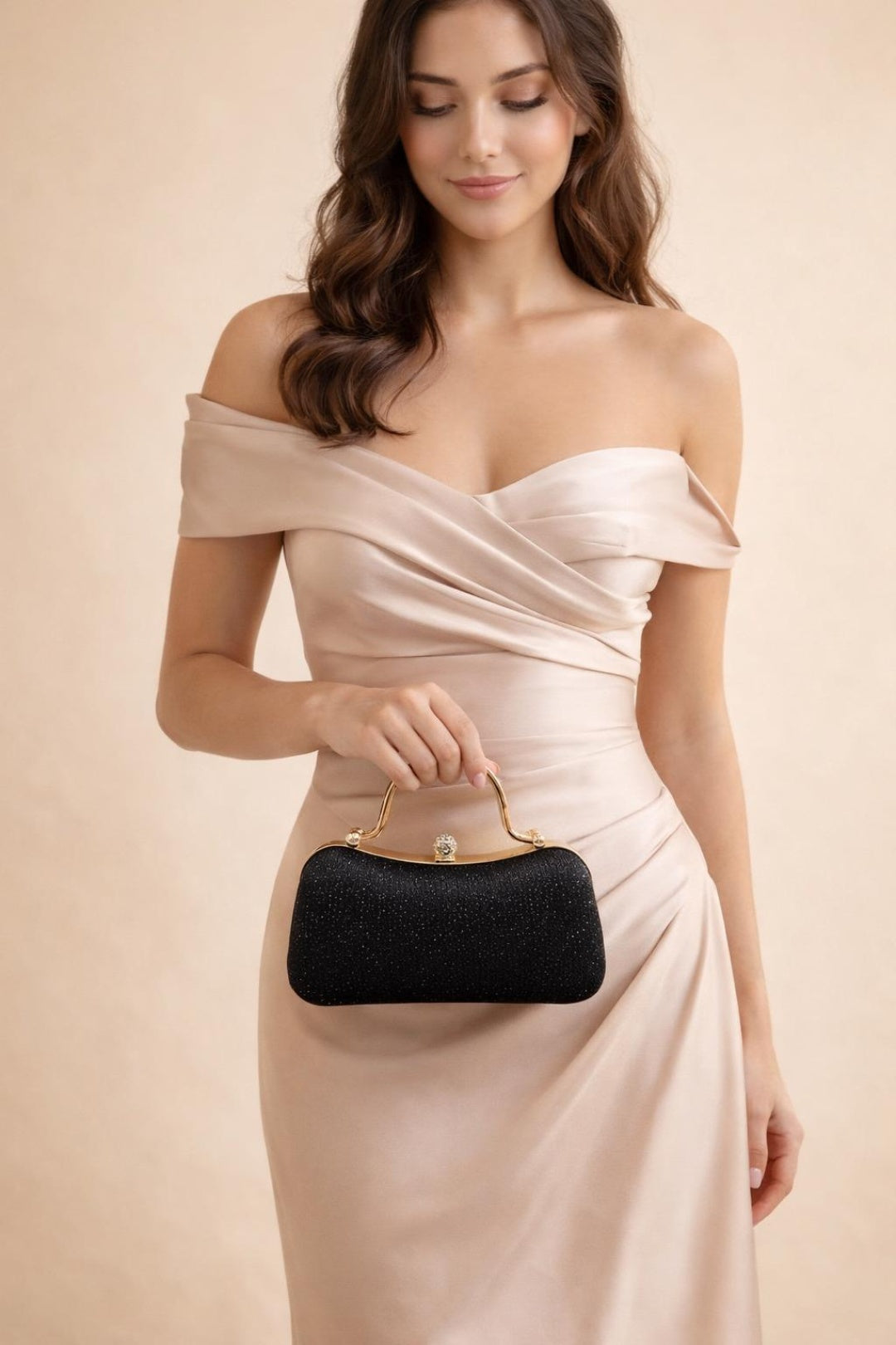 Black Diamonte Handle Glitter Clutch Bag with Chain Strap, Image 1 of 5