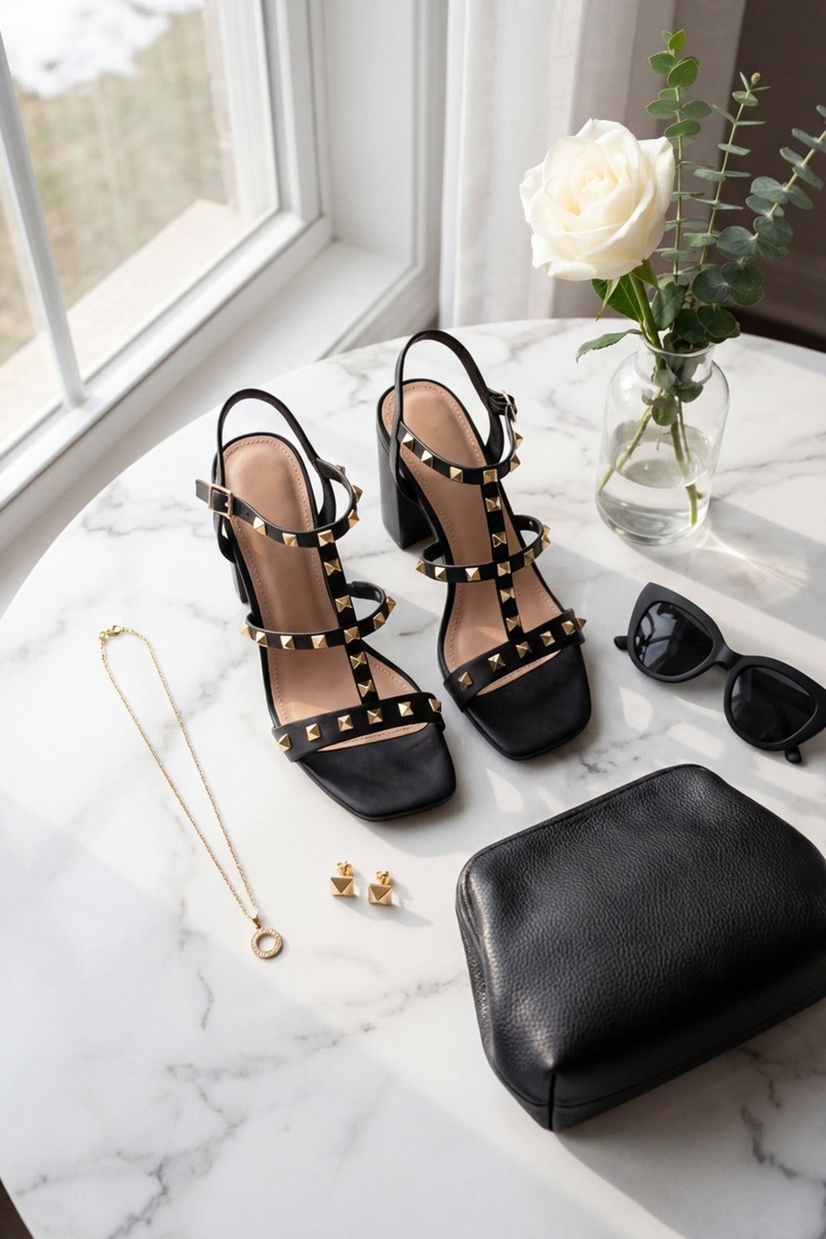 Black iKrush Black Ivy Womens Studded T-Bar Block Heel Sandals, Image 5 of 8