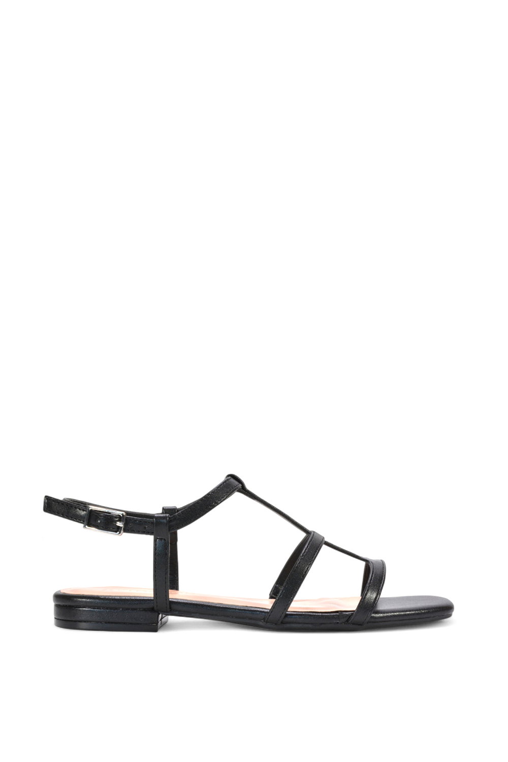Black 'Danielle' Flat Strappy Caged Square Toe Sandals With Buckle
