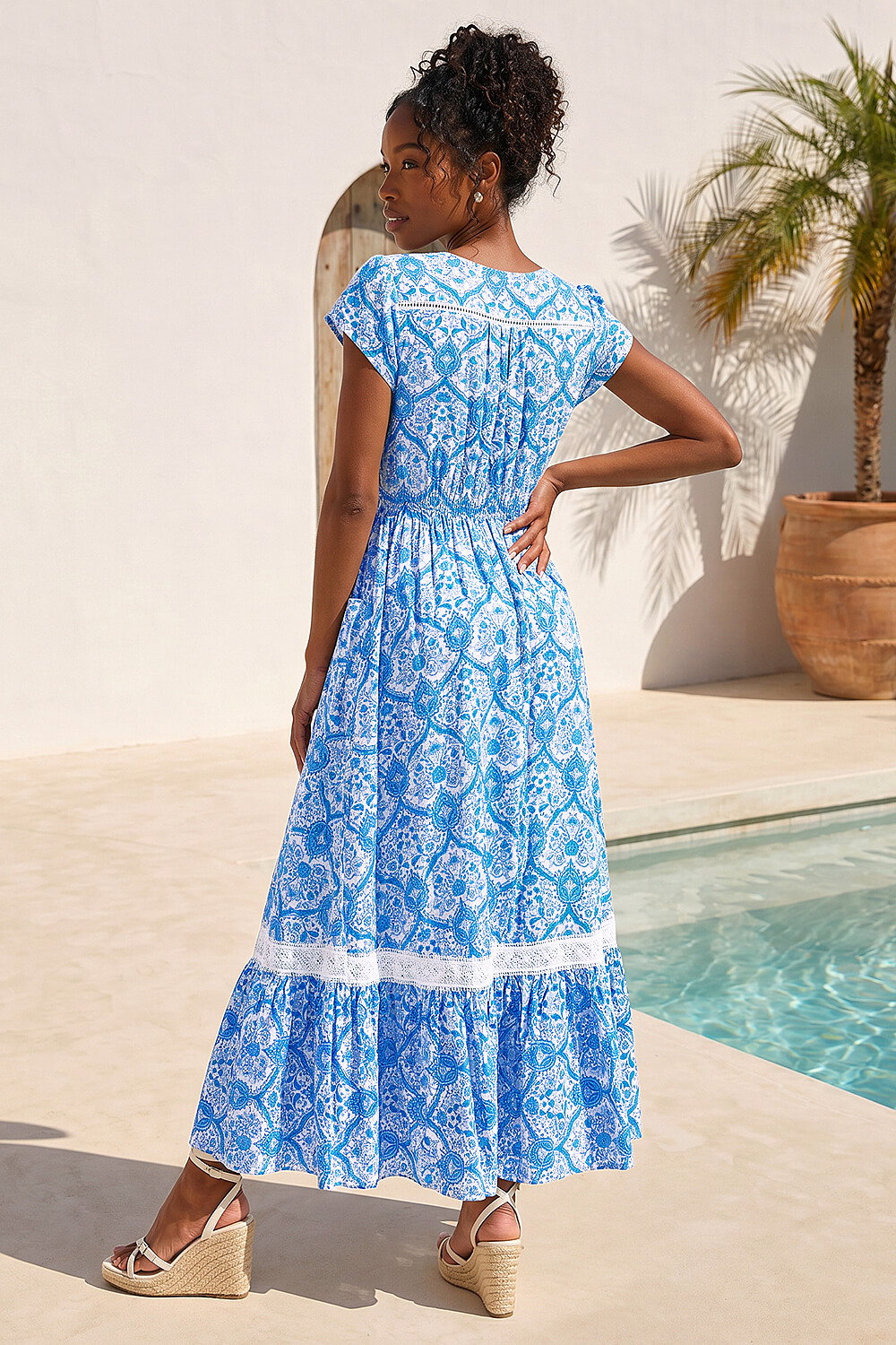 Light Blue Tile Print Shirred Waist Maxi Dress, Image 4 of 4
