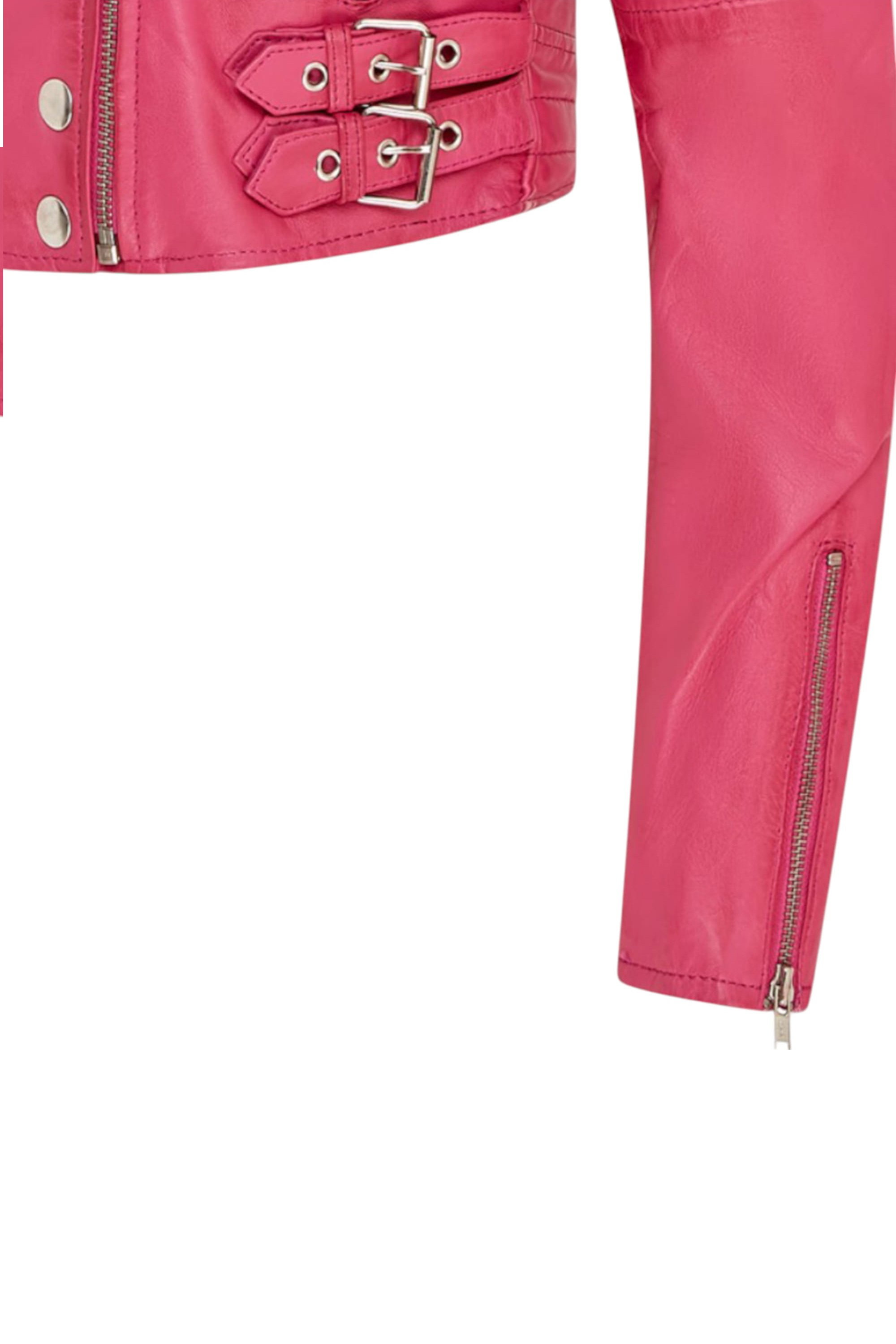 Fuchsia Infinity Leather Fuchsia Cropped Brando Leather Biker Jacket, Image 7 of 7