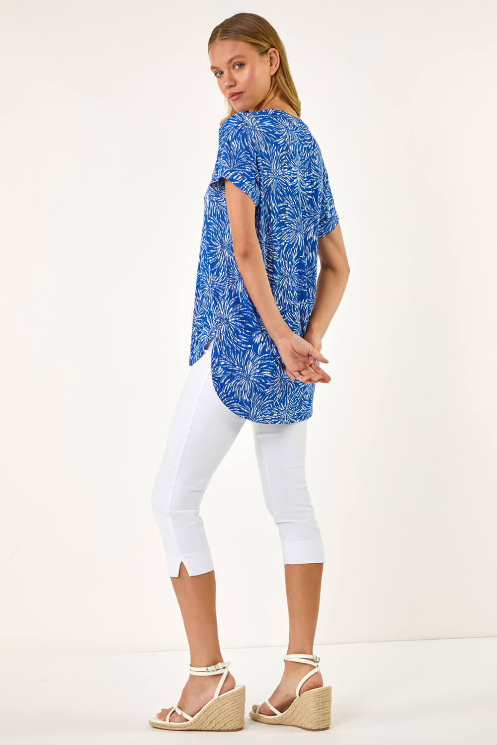 Royal Blue Abstract Print V-Neck Stretch Top, Image 4 of 5