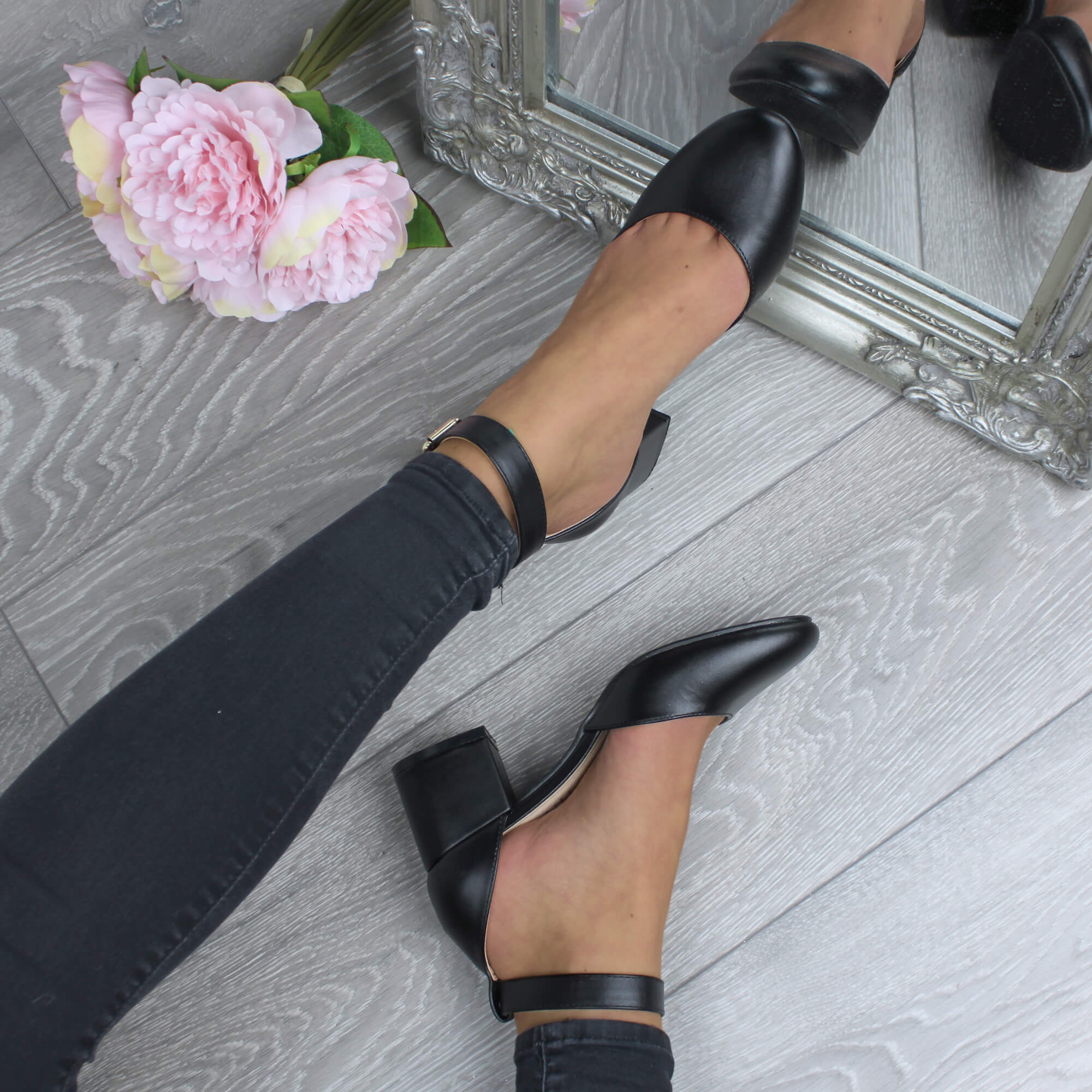 Black AJVANI Black Mid Block Heel Ankle Strap 2 Part Heels, Image 5 of 6