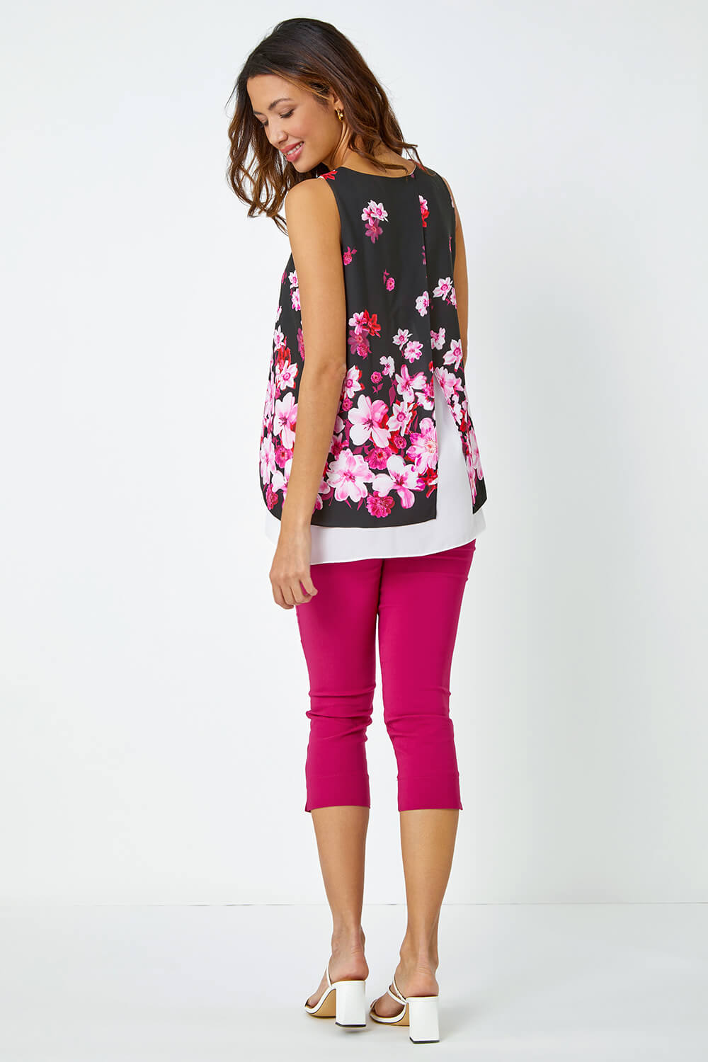 CERISE Sleeveless Floral Double Layer Chiffon Top, Image 3 of 5