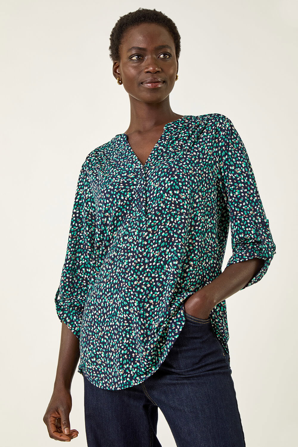 Green Abstract Puff Print Stretch Top, Image 3 of 5
