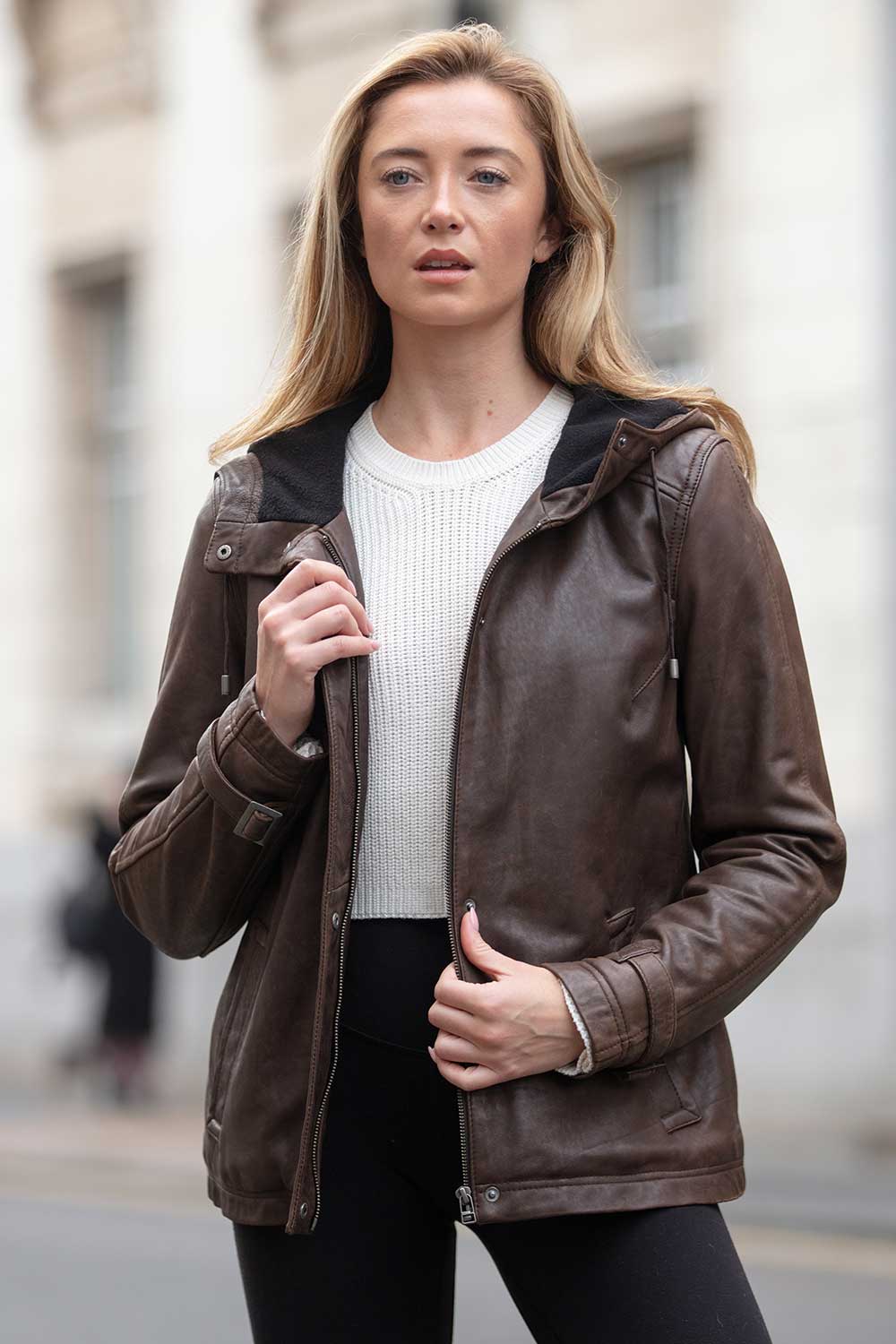 Khaki Ashwood Leather Khaki 'Nicola' Real Leather Hooded Jacket Women Coat, Image 1 of 5